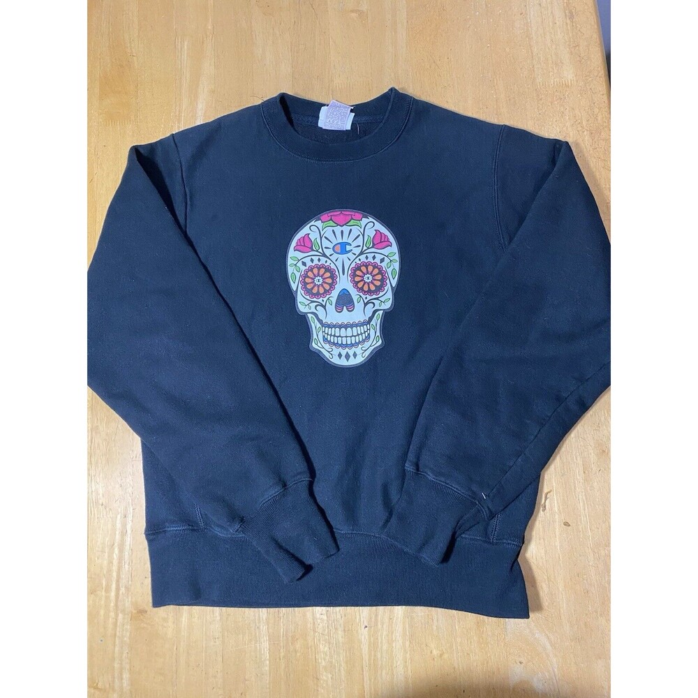 Champion Reverse Weave DIA DE LOS MUERTOS Sweatshirt Black Size Small 20pit2pit